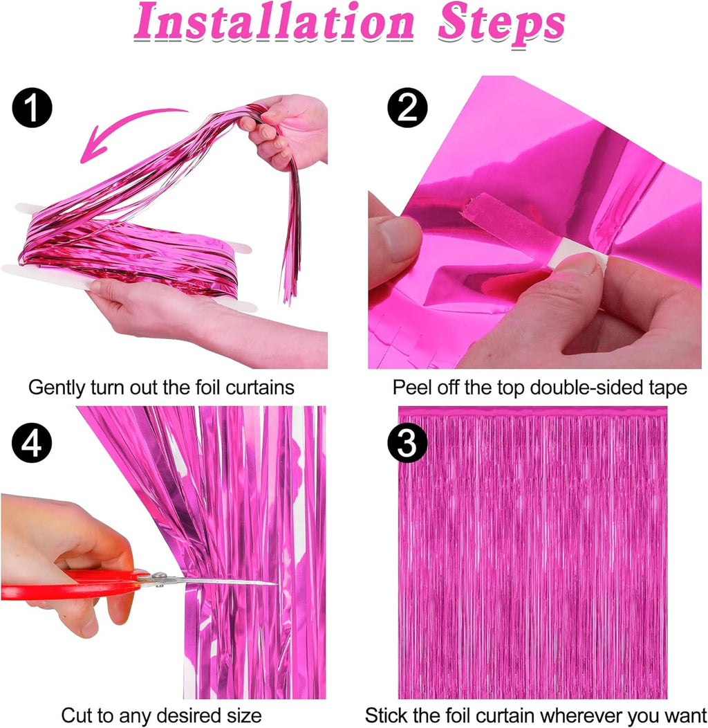 2 Pack Hot Pink Party Decorations, 3.28 FT x 7.05 FT Hot Pink Backdrop, Metallic Rose Red Photo Backdrop Foil Curtains Tinsel Backdrop, Metallic Pink Party Decor Wedding Party Supplies
