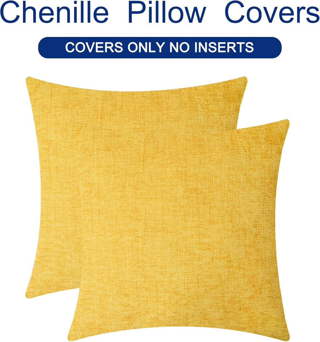 CaliTime Throw Pillow Covers Decorative 20 X 20 Inches Pack of 2 Cozy Chenille Cushion Cases for Couch Sofa Bed Living Room Home Mustard Yellow