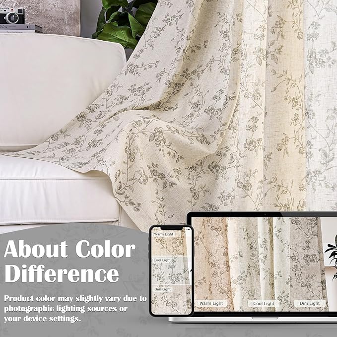 Grey Vintage Floral Linen Curtains Farmhouse 50W X 63L 2 Panels | Elisa Series - Image 6