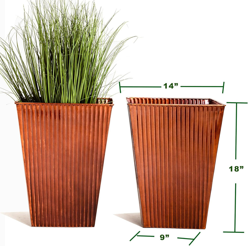 18in Vintage Handmade Metal Vertical Lines Copper Tapered Planters Set of 2, Galvanized Steel Planter Box with Drainage Hole for Indoor/Outdoor/Porch/Garden