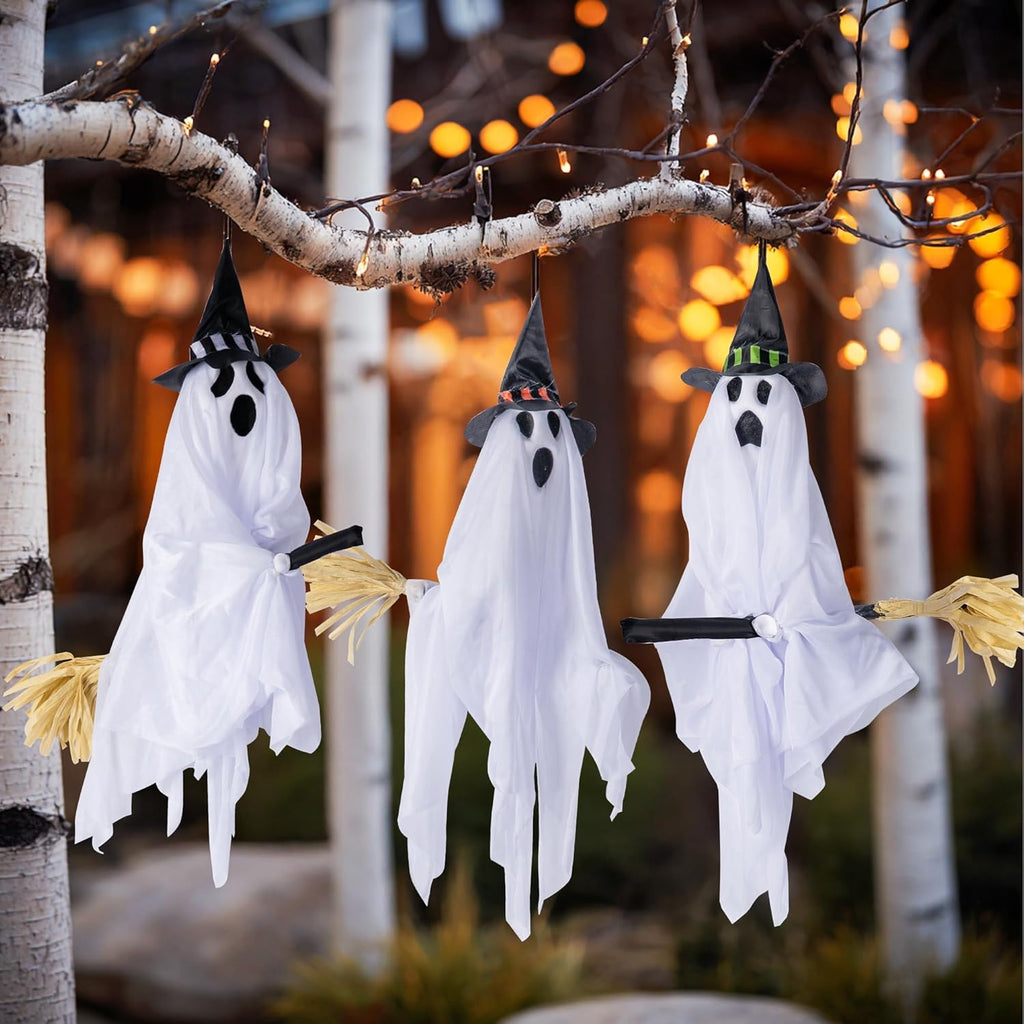 Hourleey Halloween Hanging Ghosts Decorations, 3 Pack 23" Cute Flying White Ghost with Broom, Halloween Decor Outdoor for Front Yard Patio Lawn Garden Party Porch