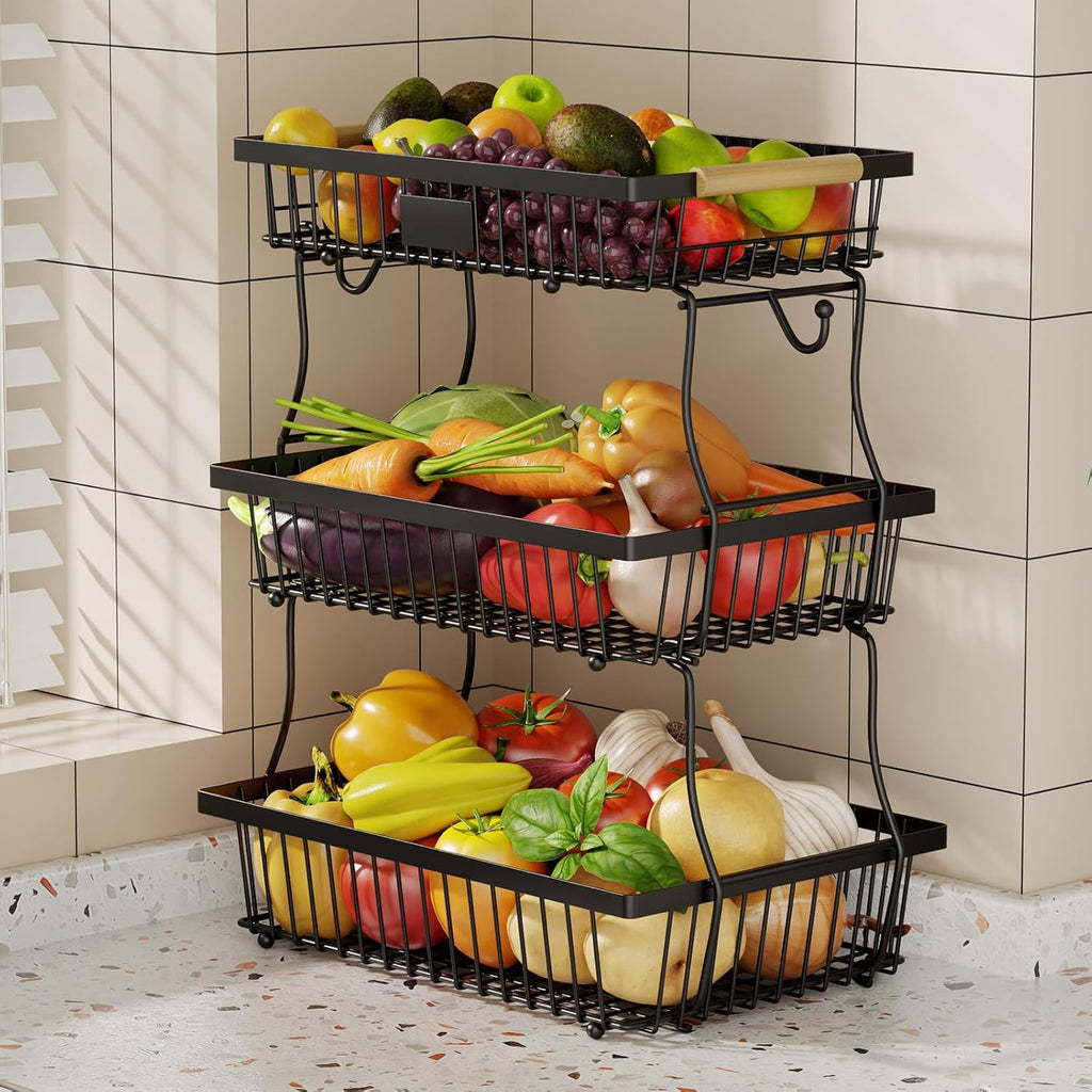 3 Tier Fruit Basket for Kitchen Counter with 2 Banana Hangers, Countertop Metal Fruit Bowl with Wooden Handle, Large Storage Stand for Vegetables, Snacks, Breads, Produce Storage – Black