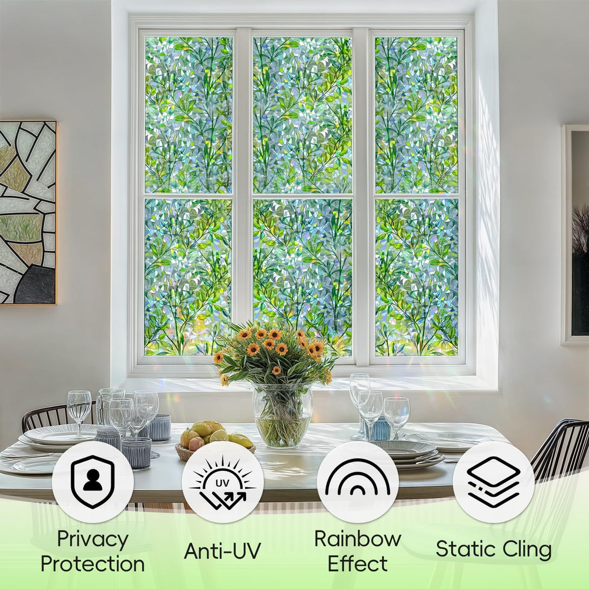 DUOFIRE Window Privacy Film Decorative Stained Glass Window Film Rainbow Foliage Windows Cling Anti UV Non-Adhesive Static Cling Reusable Colorful Windows Decal for Home 35.4×78.7 inch