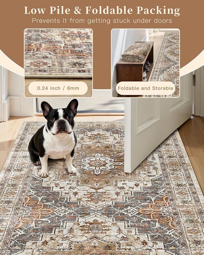 Madane 6x9 Area Rugs for Living Room, Vintage Washable Rug, Turmeric/Grey | - Image 6