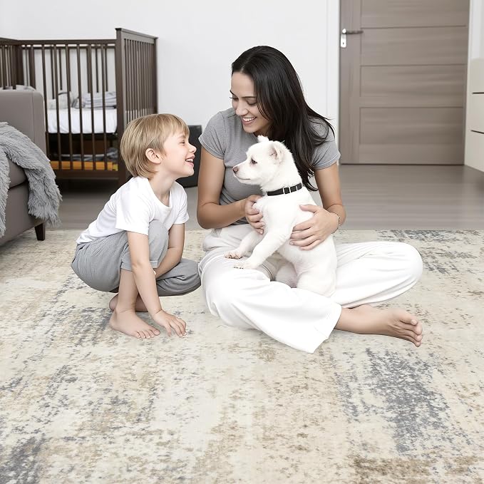 Area Rug Living Room: 6x6 Modern Washable Soft Carpet Beige Brown | - Image 10
