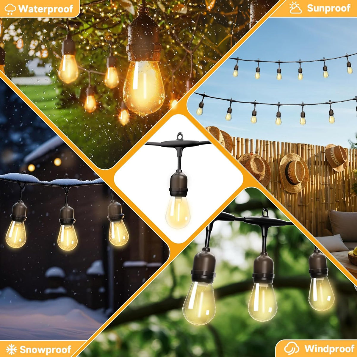 Outdoor Safety String Lights 50FT - 24V 20W Commercial Grade Low Voltage Strand with 20 S14 Shatterproof Bulbs for Tree Garden Yard | Warm Yellow 3500K Party Lights | IP65 Waterproof | UL Listed