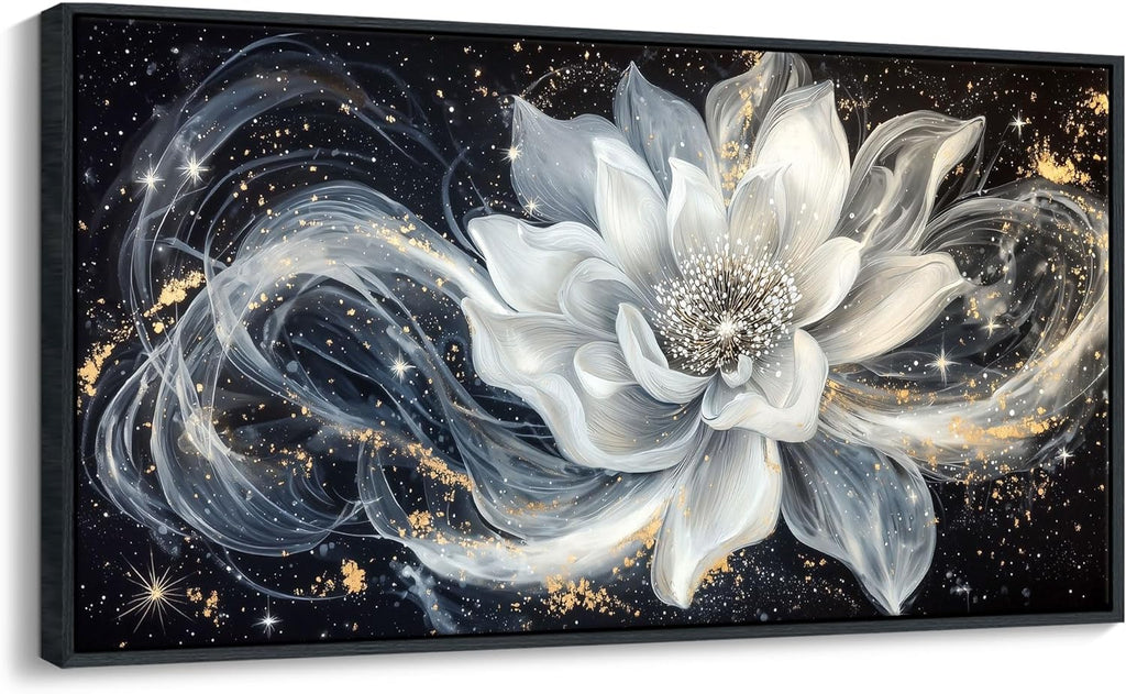 QZQCBLC Black and White Floral Wall Art, Abstract Lotus Flower Framed Canvas Painting White Gold Petals Modern Pictures Artwork for Living room Bedroom kitchen Bathroom Home Office Decor 20x40 IN