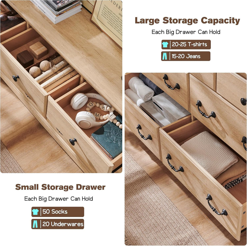 T4TREAM 7 Drawers Dresser Chests for Bedroom, Wood Vintage Chests of Drawers, Rustic Dressers Chset Organizer for Bedroom, Living Room, Hallway, Natural Oak