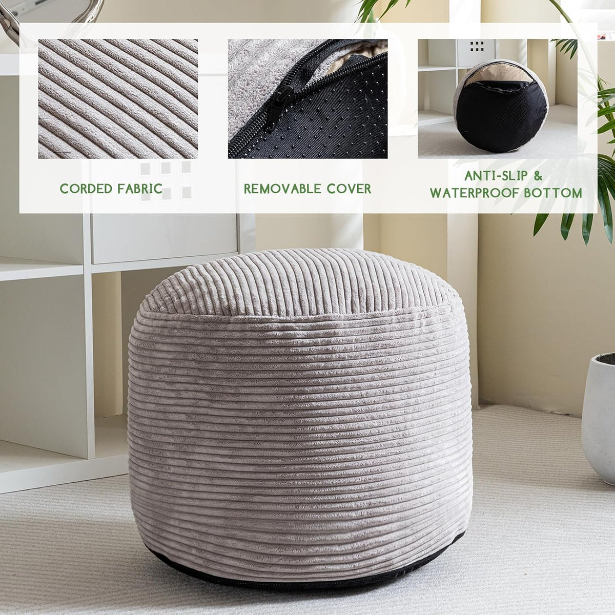 HIGOGOGO Round Stuffed Pouf Ottoman, Corduroy Poufs with Foam Chunk Filling, Furry and Fluffy Pouf Foot Stool Storage Ottoman, 20 X 15 Floor Poufs Foot Rest for Living Room, Grey