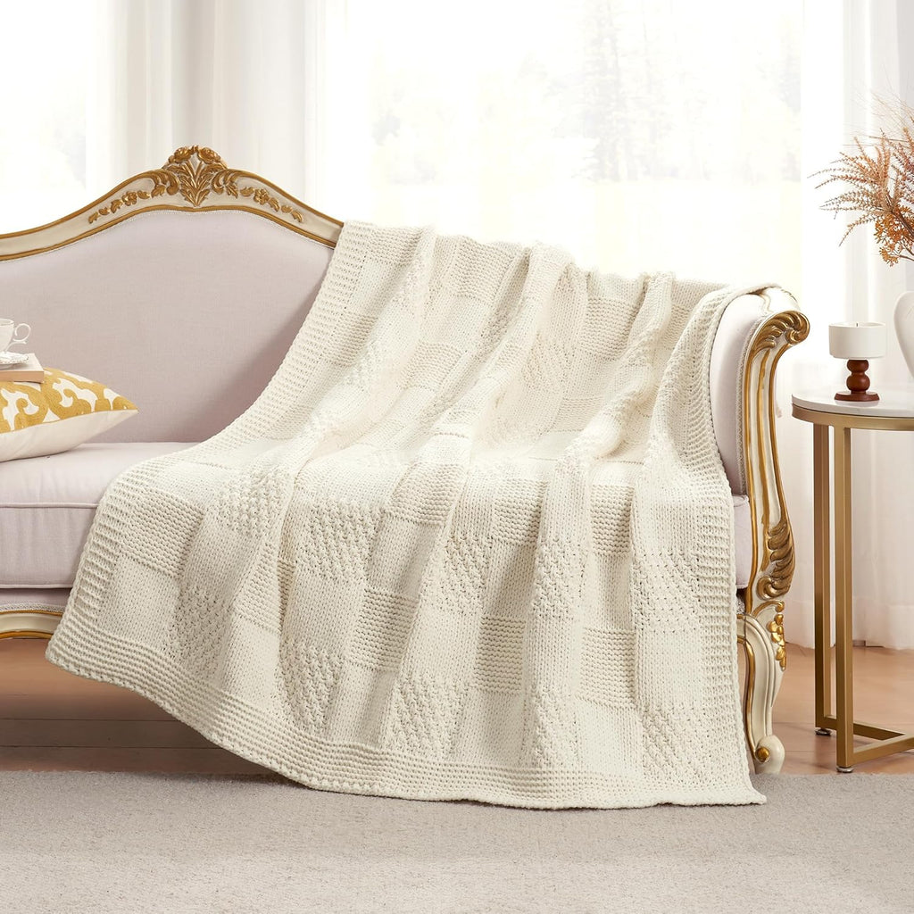 Amélie Home Chenille Knit Throw Blanket for Couch, Checkered Texture Decorative Soft Blanket for Sofa, Bed & Living Room, 50"x60", Ivory