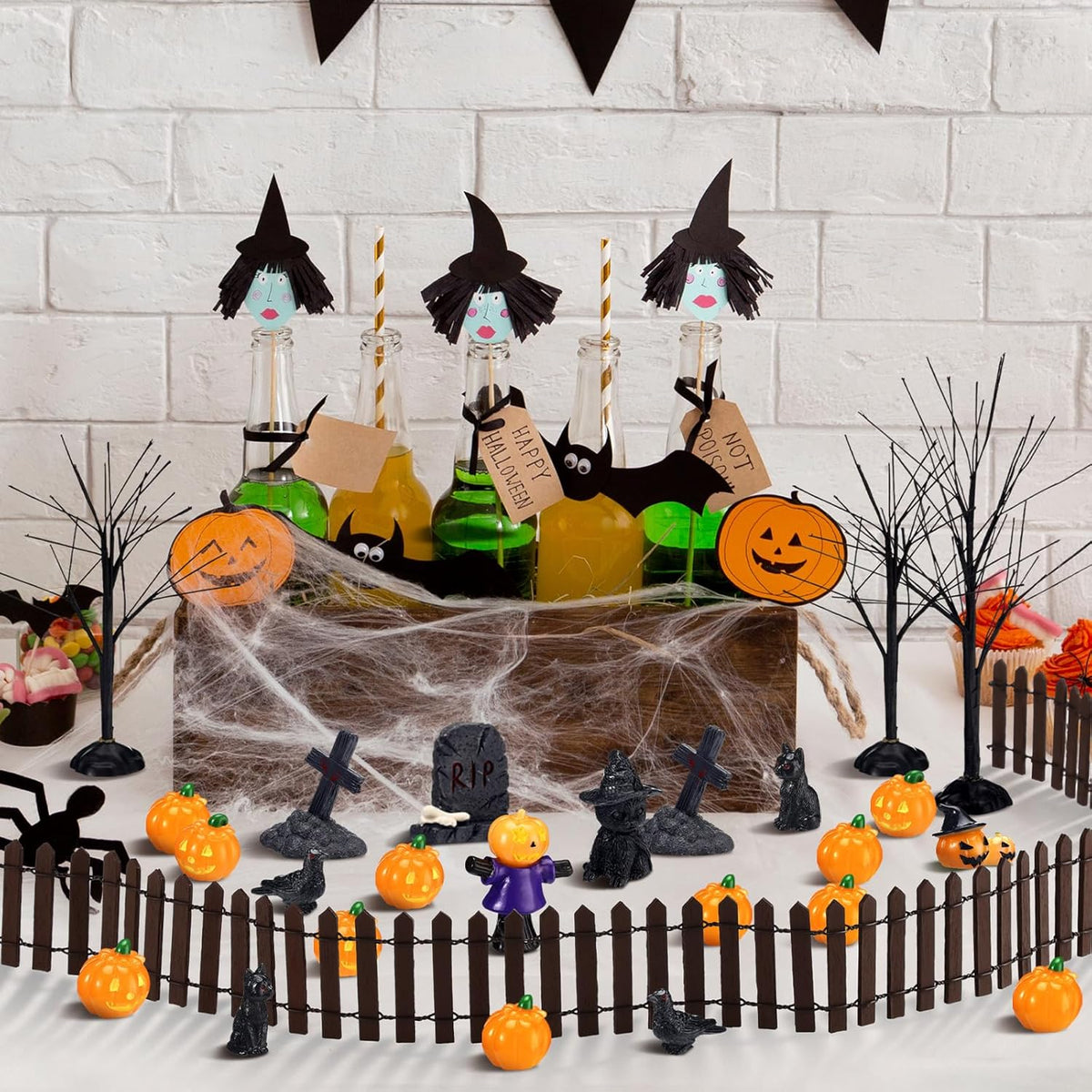 Wesiti 30 Pcs Halloween Village Accessories Set Miniature Halloween Figurines Village Trees Cat Pumpkin Tombstones Figurine Horror Miniature Accessories for Garden Decor