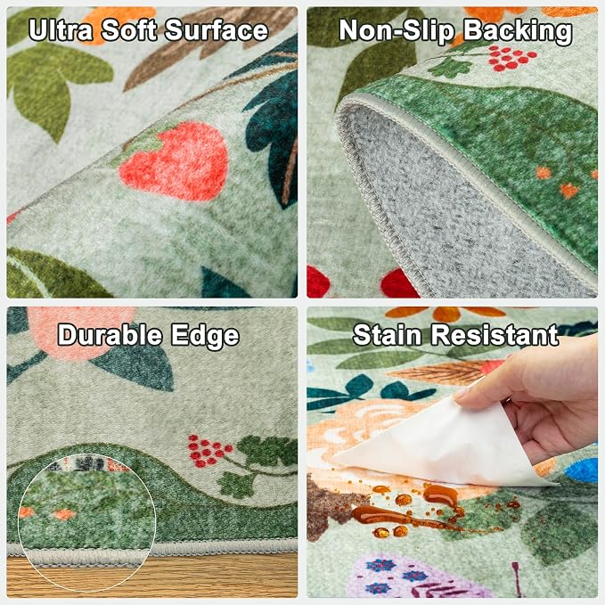 PLHXFR Area Rug 10x12 Living Room: Floral Washable Boho Soft Carpet Green | - Image 6