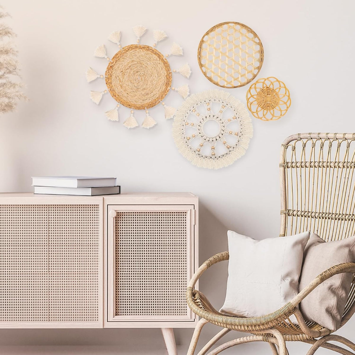 Boho Wall Basket Decor Set of 4 - Flat Woven Basket Wall Hanging Decor,Round Tassels White Macrame Tapestry Wall Decor Art,Handmade Rattan Wicker Seagrass Home Wall Baskets Decor(Wooden Beads Style)