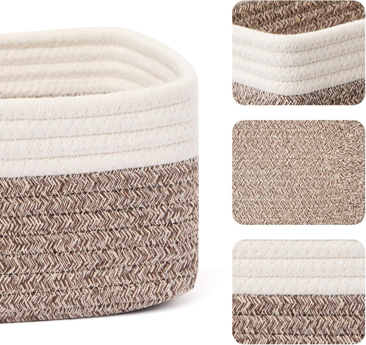 Small Storage Baskets for Organizing | Closet Organizer Bins | Shelf Toy Basket | Woven Rope Baskets | Cube Decorative Box | Shallow Basket | 11.5x7.5x4.7” | 4 Packs White Brown