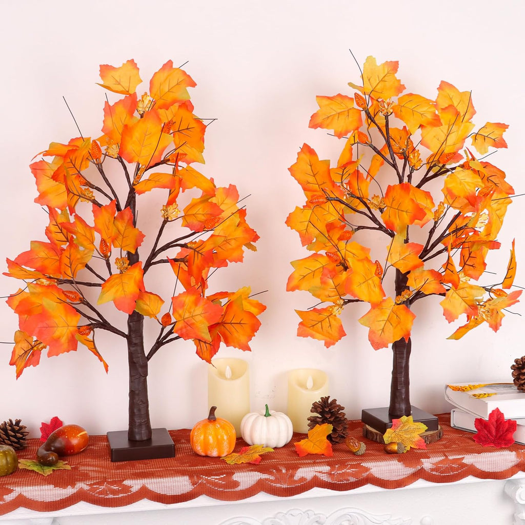 2 Pack 24 Inch Prelit Fall Maple Tree Fall Decor with 48 LEDs Timer Battery Operated Artificial Fall Light Up Tree Maple Acorn for Fall Thanksgiving Decorations Table Home Office Indoor Autumn Harvest