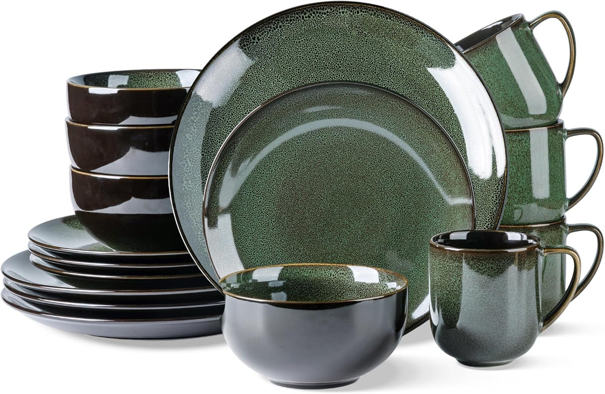 LERATIO Ceramic Dinnerware Sets for 4,16-Piece Reactive Glaze Plates and Bowls Set with Mugs,Highly Chip and Crack Resistant | Dishwasher,Microwave & Oven Safe Dishes set-Green