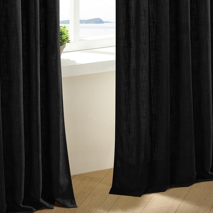 Black Pinch Pleated Linen Semi Sheer 108 Inch Curtains 2 Panels | Light - Image 6