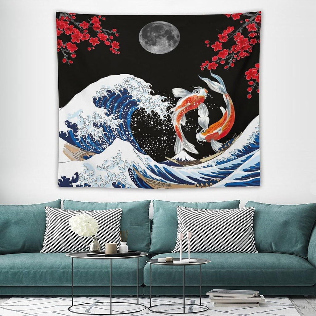Houselerax Japanese Koi Fish Tapestry, Yin Yang Big Wave Red Cherry Blossom Tapestries Wall Hanging for Bedroom Living Room Office Decor 60"x50"