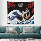 Houselerax Japanese Koi Fish Tapestry, Yin Yang Big Wave Red Cherry Blossom Tapestries Wall Hanging for Bedroom Living Room Office Decor 60"x50"