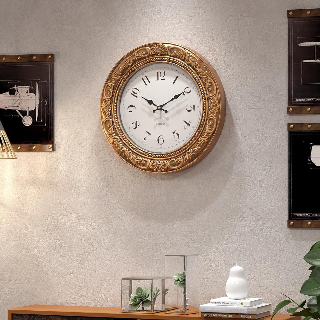 Menterry European Vintage Decorative Wall Clock, 12" Antique Gold Style, Battery Operated Wall Clocks for Kitchen, Bedroom, Farmhouse, Bathroom, Offices