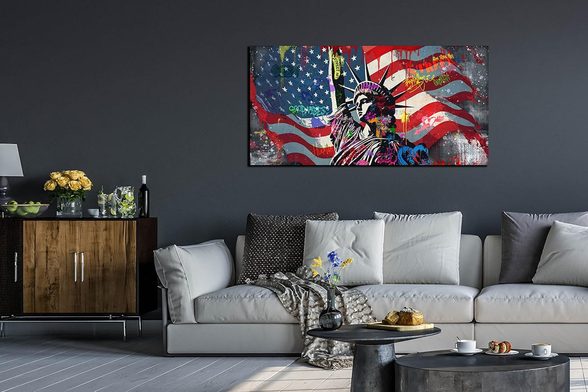 JKWALL77 American Flag Wall-Decor - Banksy Graffiti Canvas Wall Art - Office Pictures For Wall Ready To Hang Size 40" x 20"