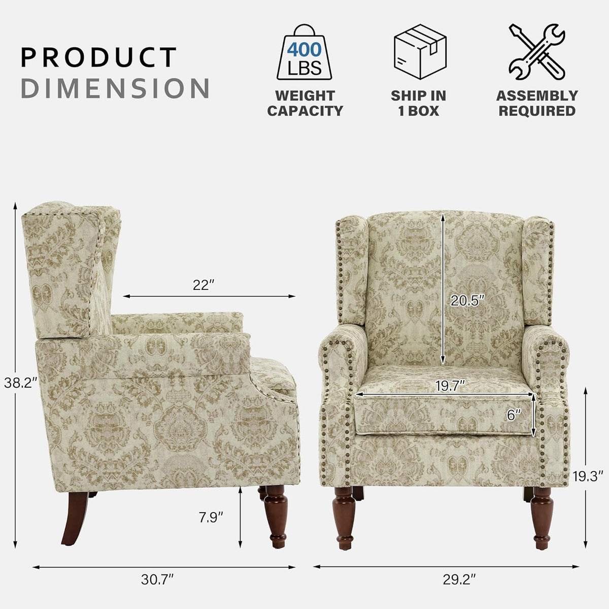 Lumibee Wingback Accent Chair,High Back Floral Armchairs in Fabric,Comfy Upholstered Reading Single Sofa Chair with Solid Wood Legs for Living Room,Bedroom,Office-White