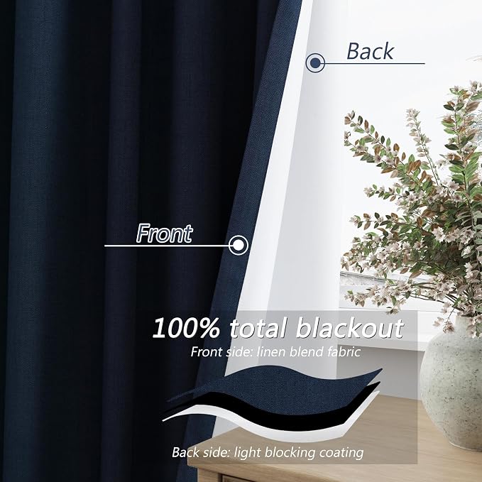 Navy Blue 100% Blackout Curtains 96 Inch Length 2 Panels Set - Image 4
