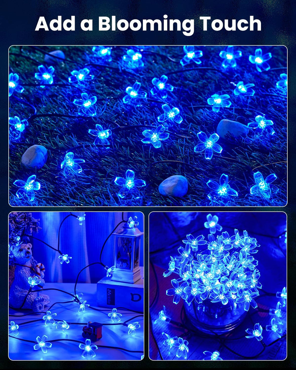 Brightown 2 Pack Total 52FT 120 LED Solar Flower String Lights for Outside Waterproof Fairy Lights for Garden Yard Fence Patio Christmas Tree Wedding Party Decor, Blue