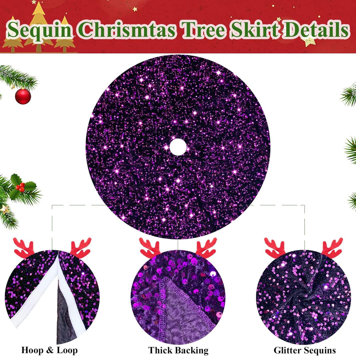 Purple Xmas Tree Skirt 36 Inch Sequins Christmas Tree Skirt Halloween Tree Skirts Velvet Xmas Tree Mat Unique Round Tree Collar Skirt Glitter Sequin Tree Cover for Christmas Halloween Party Decor