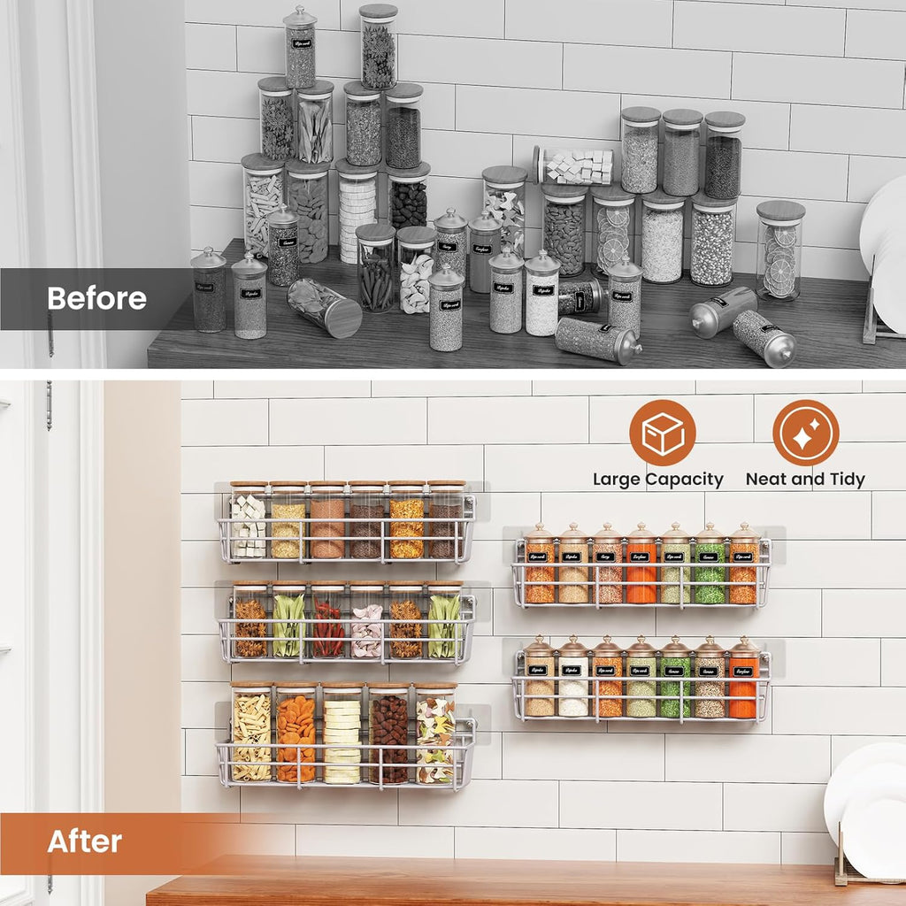5 Pack Spice Rack Seasoning Organizer Wall Mount, Screw or Adhesive Hanging Shelf Basket Spice Organizer Shelf for Kitchen, Silver