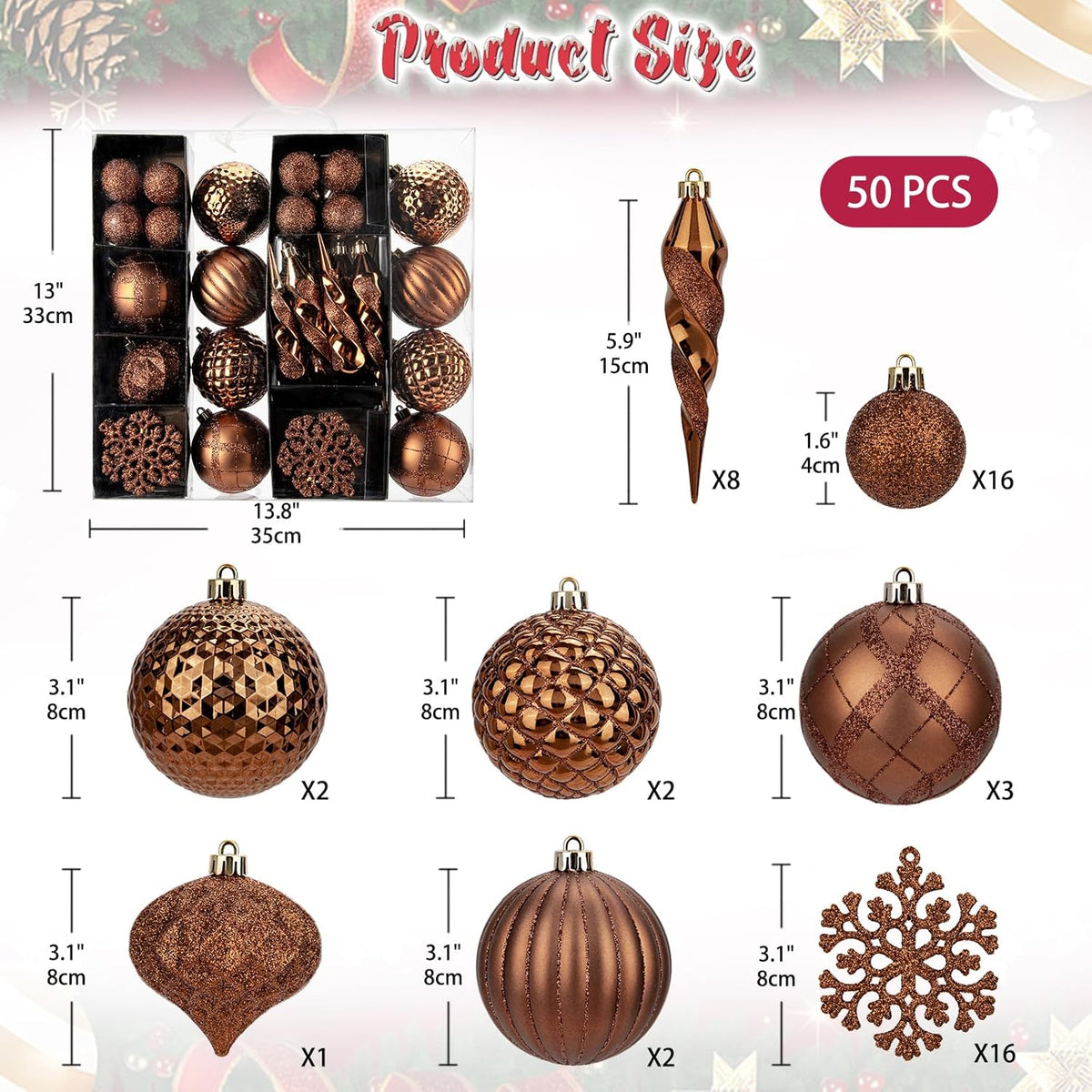 50PCS Christmas Tree Ornaments Set with Shatterproof Christmas Balls Icicle Snowflake Hanging Ornaments for Home Office Farmhouse Christmas Decorations, Bronze