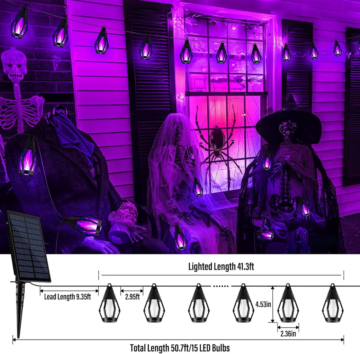 iBaycon Solar Halloween Lights, 42Ft 15 LED Bulbs Flickering Flame String Light, Outdoor Waterproof Solar Flame Lights for Garden Yard Patio Halloween Decorations (Purple)