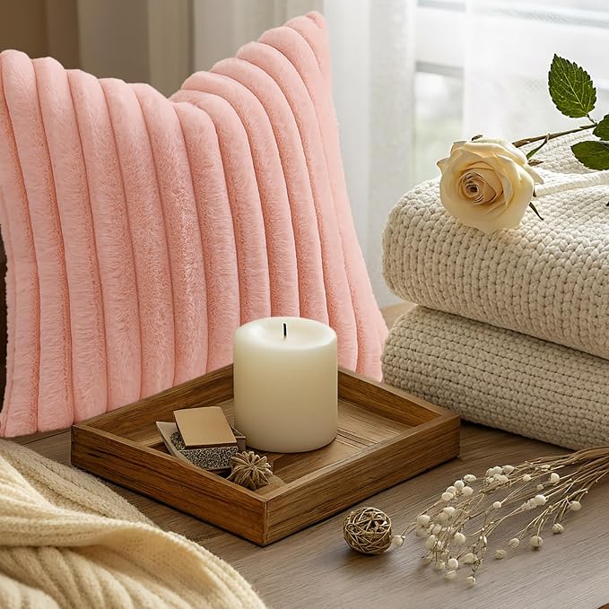 decorUhome Fall Faux Fur Throw Pillow Covers 18x18 Set of 2 Blush Pink | - Image 9