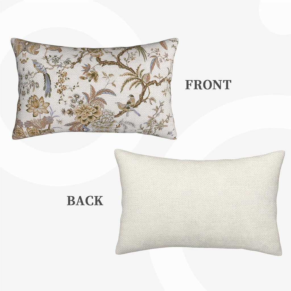 Spring Floral Birds Pillow Covers 12 x 20 Inch Set of 2 for Chinoiserie Flowers Decor Throw Pillows Brown and White Plant Outdoor Decorative Cushion Cases for Couch Bed Decorations