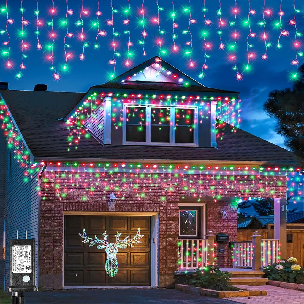 Icicle Lights for Outside, 33FT 400 LED Christmas Lights Outdoor with Waterproof 8 Modes, Plug in Connectable String Twinkle Light for Indoor Roof Window Garden Fence Party Decorations, Red Green
