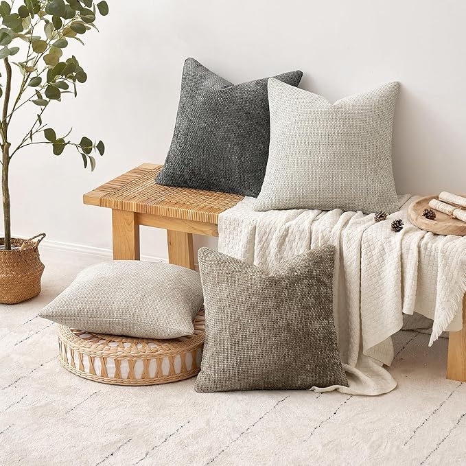 MIULEE Soft Decorative Chenille Euro Pillow Covers Neutral 22x22 Pack of 4 | - Image 4