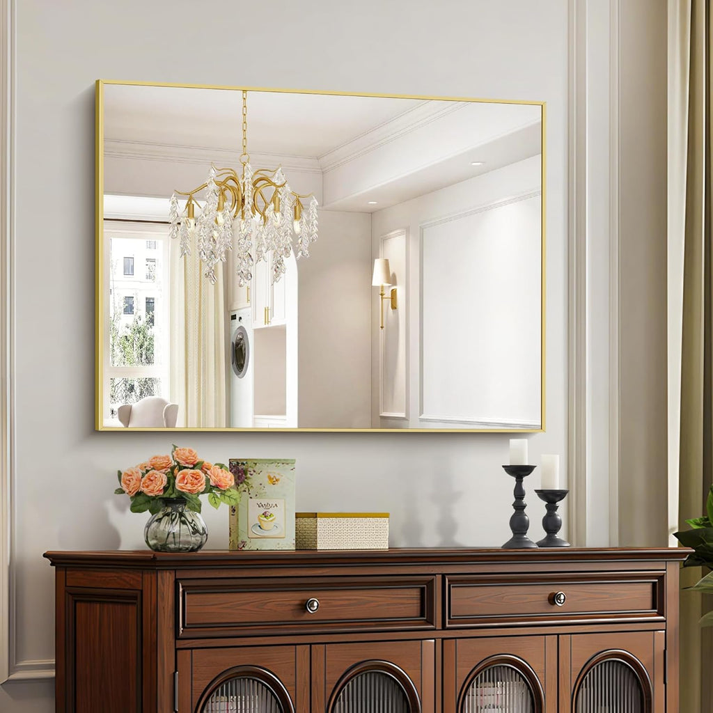 30x40In Gold Bathroom Mirror for Wall, Brushed Gold Rectangle Mirrors with Metal Frame, Bathroom Rectangular Mirror Modern Wall Mirror for Bedroom Living Room, Hangs Horizontal or Vertical