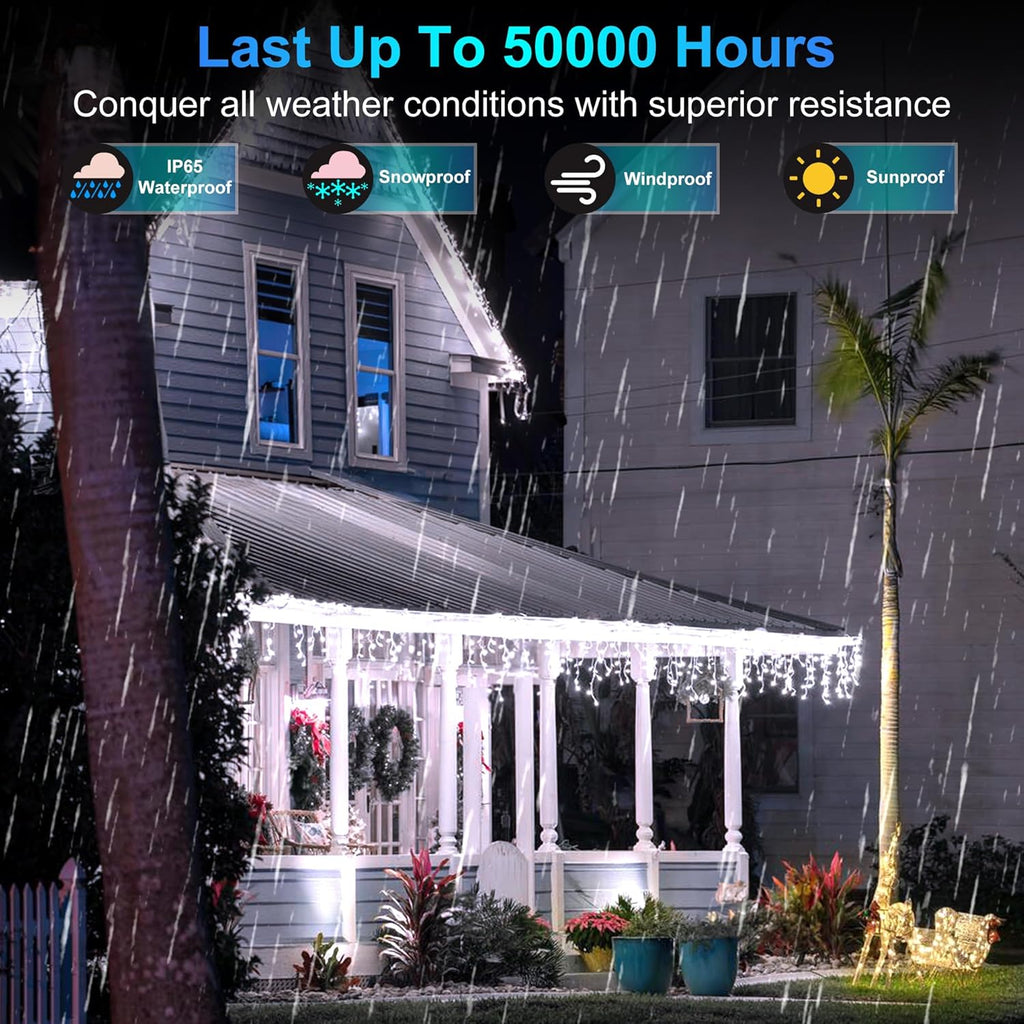 612 LED 60FT Christmas Lights with 136 Drops, 12 Modes Dimmable Cool White Outdoor Hanging Lights with Timer Memory, Waterproof Curtain Lights for Home Bedroom Indoor Tree Window Roof Fence Wedding