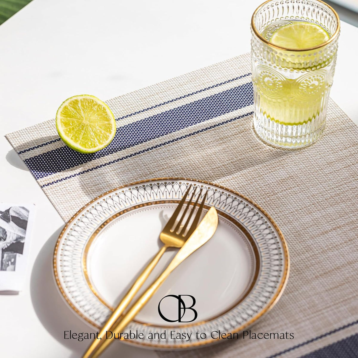 Placemat Set of 4 - Easy Clean Woven Vinyl Placemats for Dining Table, Indoor/Outdoor Place Mats, Washable PVC Table Mats（Blue Skyline）