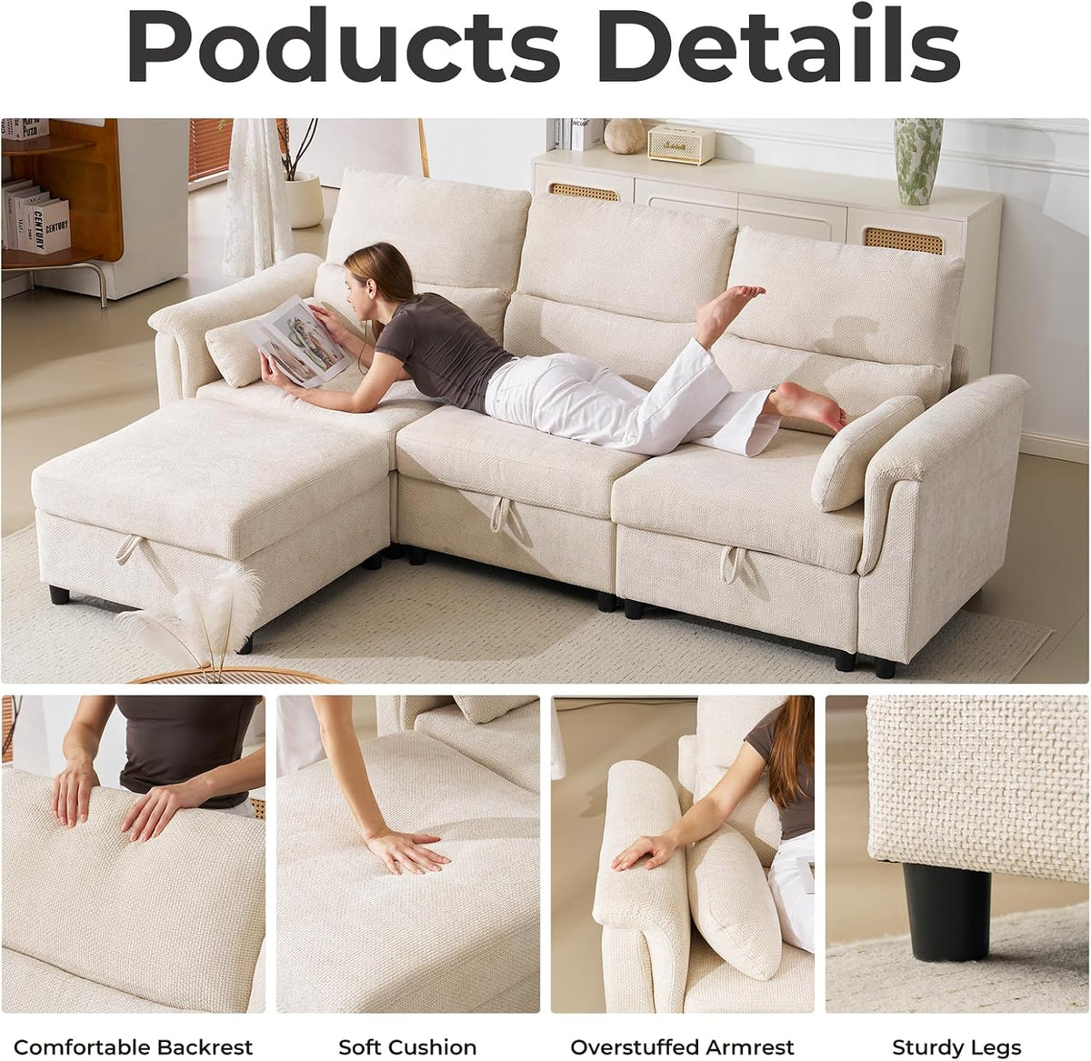 103'' Modular Sectional Sofa, L Shaped Comfy Cloud Couch with Storage,4-Seat Convertible Modern Deep Seat Sofa with Throw Pillows for Living Room,Beige