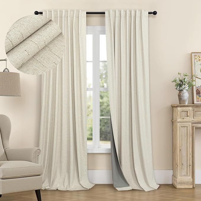 Burlap Colored Blackout Curtain 84 Inch Length 2 Panel Faux Linen Modern by Pitalk