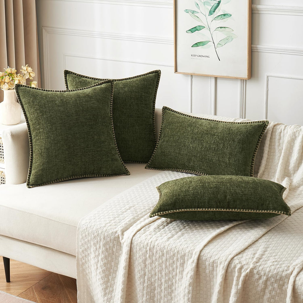 MIULEE Pack of 2 Couch Throw Pillow Covers 24x24 Inch Olive Green Farmhouse Decorative Pillow Covers with Stitched Edge Soft Chenille Solid Dyed Spring Pillow Covers for Sofa Bed Living Room