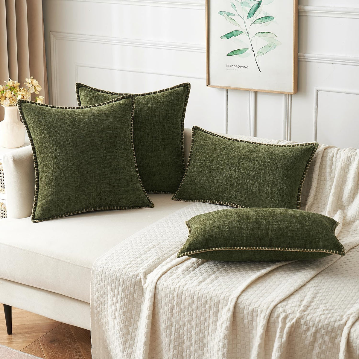 MIULEE Pack of 2 Couch Throw Pillow Covers 24x24 Inch Olive Green Farmhouse Decorative Pillow Covers with Stitched Edge Soft Chenille Solid Dyed Spring Pillow Covers for Sofa Bed Living Room