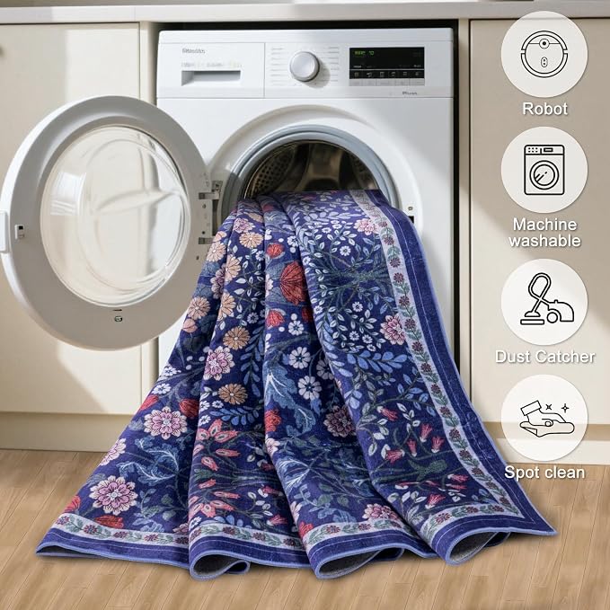 PLHXFR 2x5 Washable Runner Rug：Floral Indoor Kitchen Soft Carpet Blue | - Image 9
