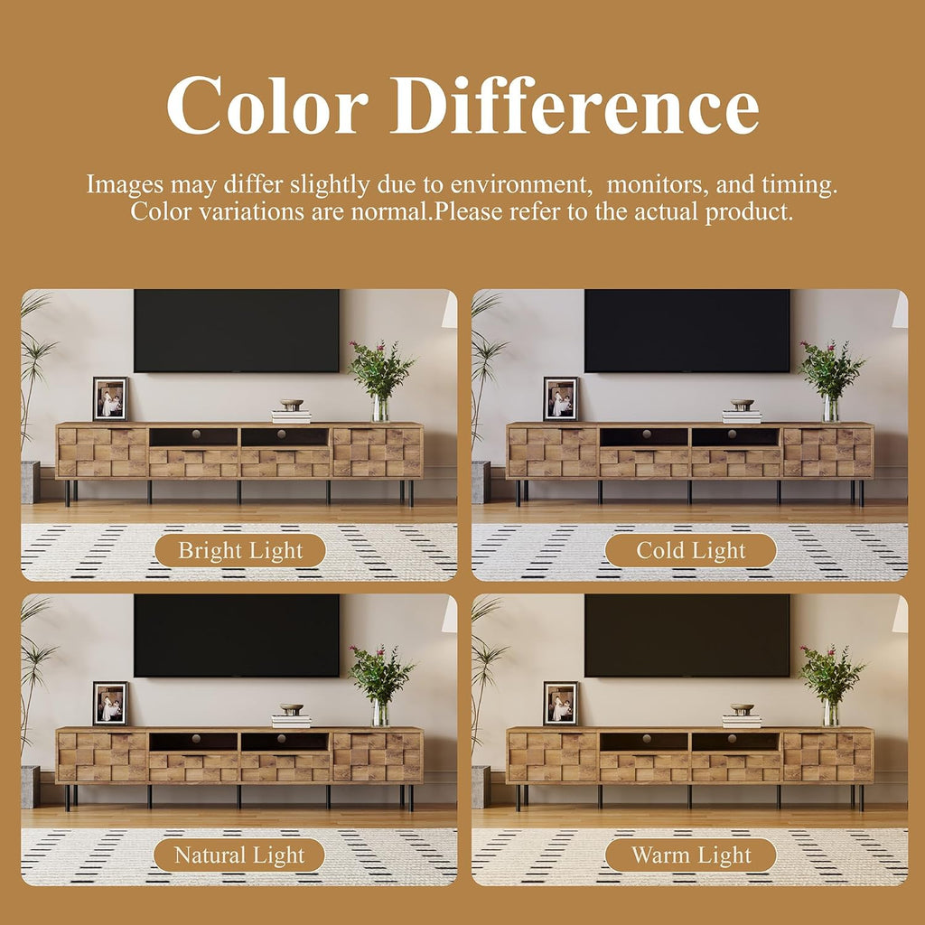 Modern TV Stand for TVs up to 85", Mid-Century Media Console with Checkered Cabinet Doors, Storage Drawers & Open Shelves, Wood Entertainment Center with Metal Legs
