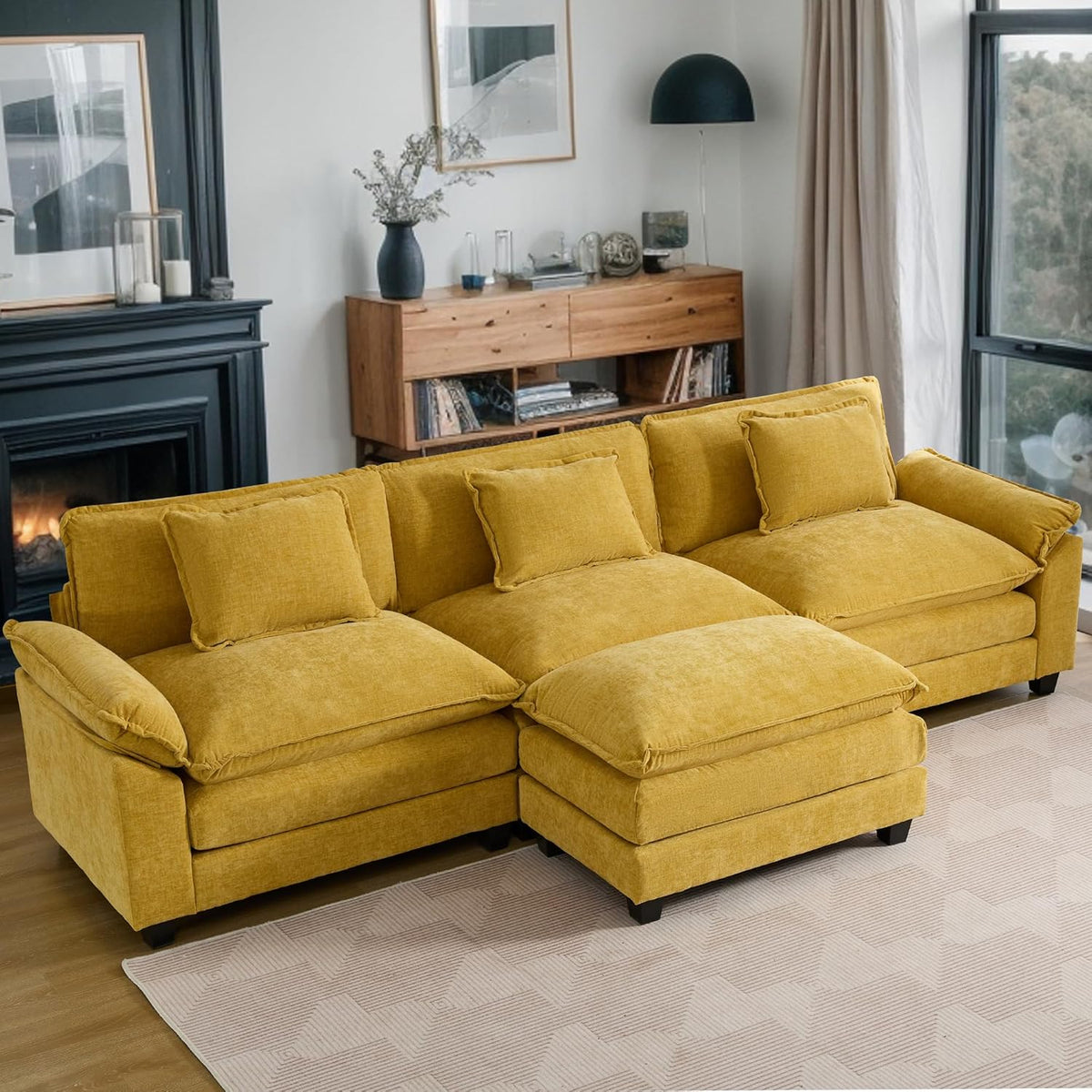 URRED Modular Sectional Sofa Comfy Cloud Couch, Modern Chenille Sofa Sleeper Deep Seat Couches with Ottoman/Pillows for Living Room (Yellow, 117''- L Shape)