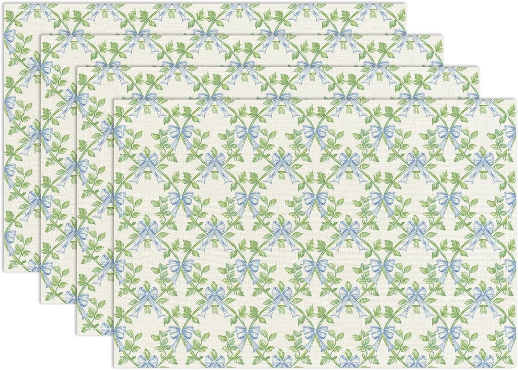 Green Leaf Placemats Set of 4, Blue Bow Table Mat for Home Kitchen, Restaurants, Outdoor Linen Washable Place Mats 12x18 inch Party Event Dining Decoration-01