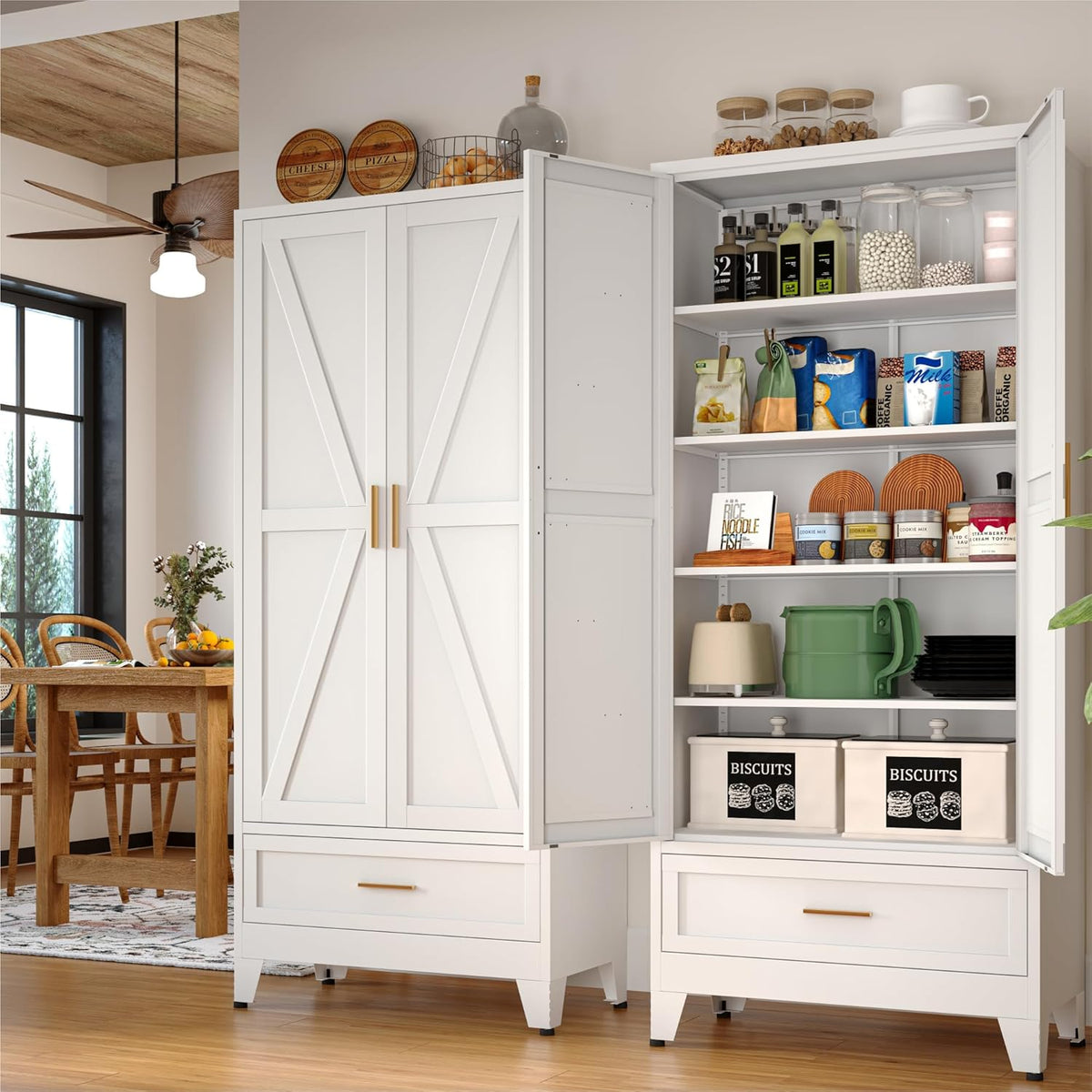 71 "Farmhouse Metal Filing Cabinet with a Drawer and 4 Adjustable Shelves, with 2 Large barn Door White Kitchen Cabinets, Metal Food Cabinets for Home, Kitchen, Dining/Living Room (White)