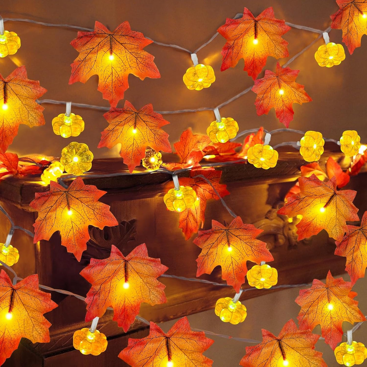 2 Pack & Timer - Fall Garland with Pumpkin Lights Halloween Fall Decor for Home 60LED 20Ft Enlarged Maples Leaves Halloween Garland Lights Indoor Battery Operated Thanksgiving Decor Wedding Christmas
