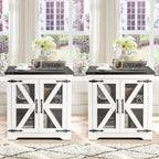 Farmhouse End Table Set of 2, 24" Large Sofa Side Table with Charging Station, Mesh Barn Door, White Nightstand with Adjustable Storage Shelf, Square Nightstand for Living Room, Bedroom